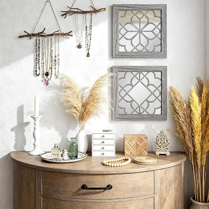 Boho Wall Mirror Decor, Set of 2 Rustic Farmhouse Accent Mirrors 12x12 Inch, Square Acrylic Shatterproof Vintage Style Mirror for Wall, Small Decorative Mirrors for Living Room, Bedroom, Brown