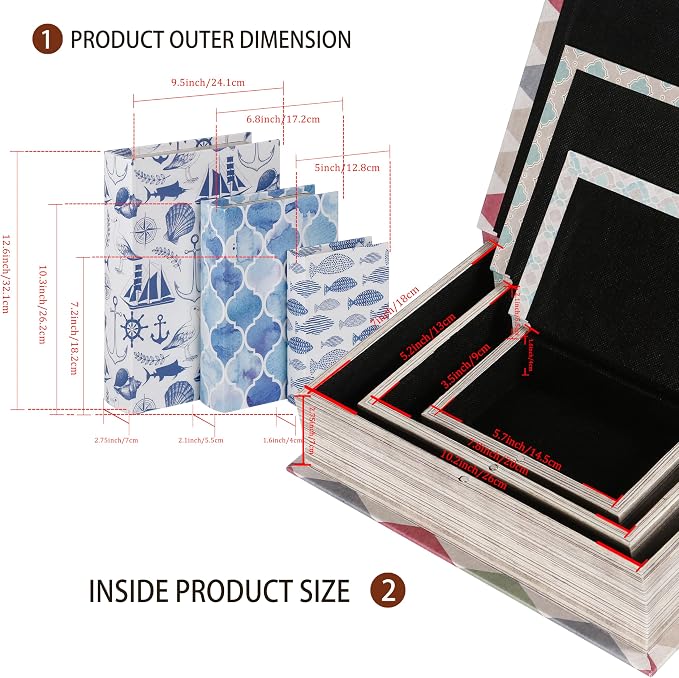 Decorative Wooden Book Box Set of 3 - Vintage Faux Book Boxes for Home Decor, Secret Storage with Magnetic Closure, Antique Style, Nautical Theme Leather Cover, Perfect for Home Office Bookshelf