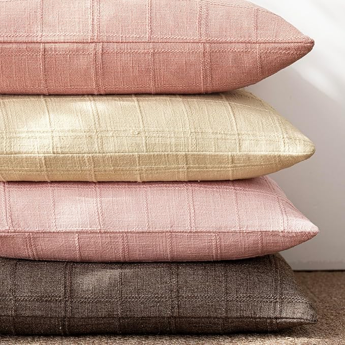 Foindtower Set of 2 Decorative Linen Check Throw Pillow Covers Neutral Farmhouse Lumbar Cushion Covers Modern Boho Accent Home Decor for Sofa Chair Couch Bedroom Living Room,12×20 Inch,Light Pink
