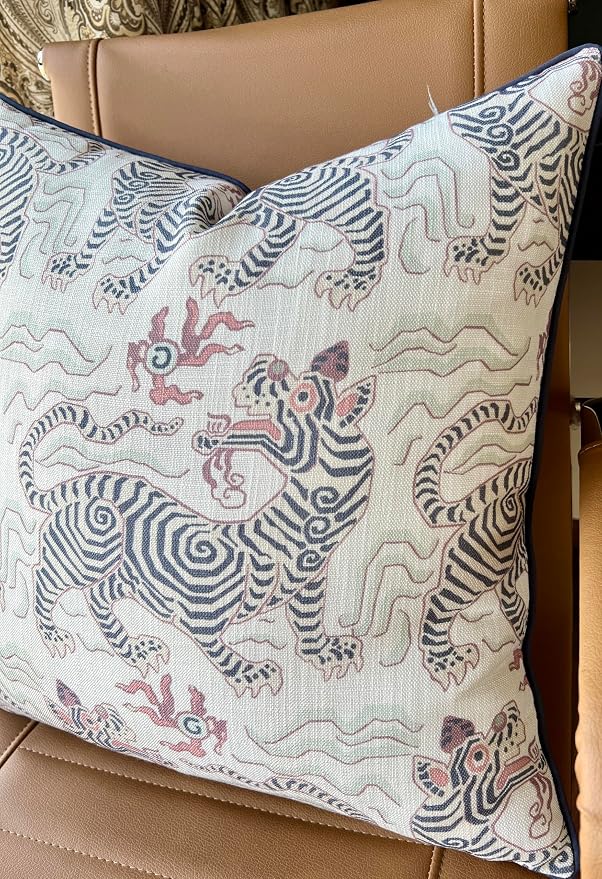 Chinoiserie Tiger Print 20x20 Throw Pillow Cover, Grey | Folk-art chinoiserie tigers on off-white slub, grey piping; both sides printed; hidden z; cover only