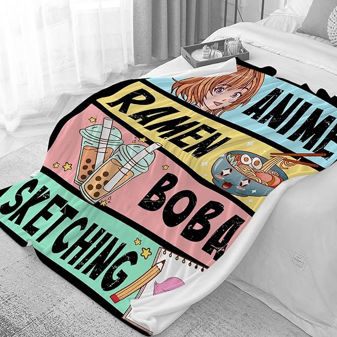 Anime Blanket Gifts for Girls Kawaii Anime Decor for Women Anime Ramen Boba Sketching Flannel Blanket Anime Lover Stuff, Luxurious Warm and Cozy for S 40X50 Inch for Kids/Child