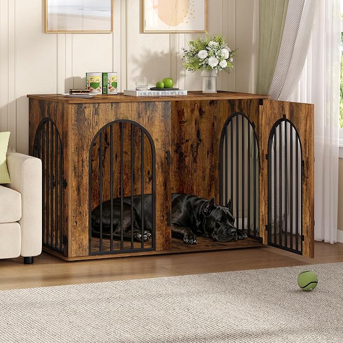 Hzuaneri 46.5'' Dog Crate Furniture,Dog Kennel Indoor for Medium/Large Dogs | Dog Kennel Furniture Wooden Dog Cage Heavy Duty Dog Crate Decorative Pet House End Side Table TV Stand,Rustic Brown DFC93901B