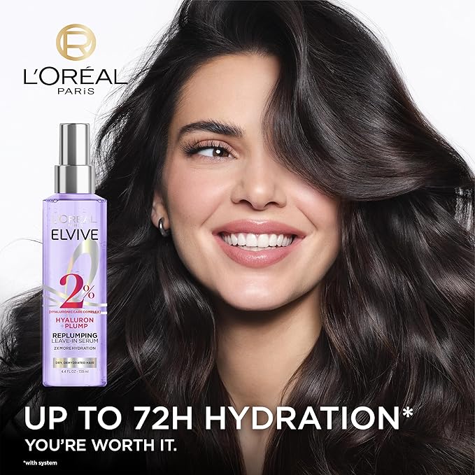 L'Oreal Paris Elvive Hyaluron Plump Moisture Plump Hair Serum for Dehydrated, Dry Hair with Hyaluronic Acid Care Complex, Paraben-Free, 4.4 Fl Oz