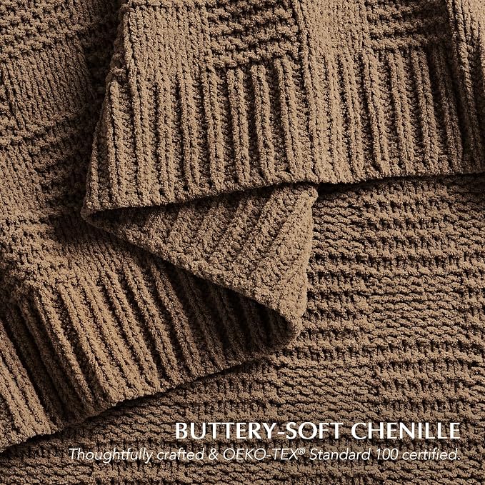 EVERGRACEHOME Modern Checkered Chenille Throw Blanket, 60x80, Camel Brown | Lightweight Warmth, All-Season Breathability, OEKO-TEX certified, Timeless Grid Pattern, Farmhouse Throw for Couch, Bed, Sofa