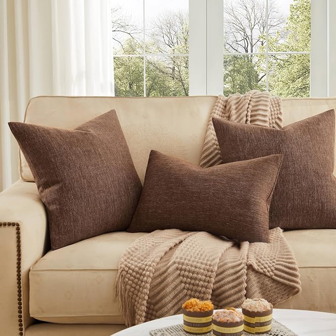 Rustic Linen Throw Pillow Covers Set of 2, Brown 16x16in | Textured Pillow Case, Rustic Cotton Linen Fabric, Modern Farmhouse Cushion Covers for Sofa Bed Living Room Home Decor