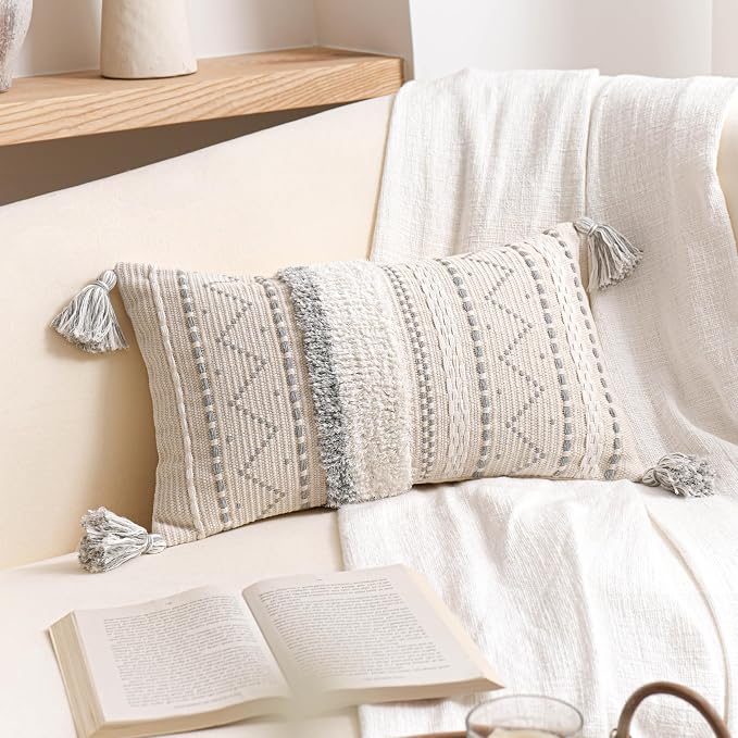 12x20 Lumbar Pillow Cover, Cream Neutral Rectangular Decorative Cushion Cover with Gray Pattern, Boho Accent Pillowcase with Tassels for Couch Sofa Living Room (Cover Only)