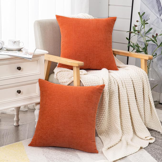 GAWAMAY Decorative Chenille Throw Pillow Covers 24x24 Inch Pack of 2, Soft Square Couch Pillow Cover for Sofa Cushion Living Room Bedroom Solid Dyed Pillowcases Burnt Orange 60x60cm (ONLY Covers)