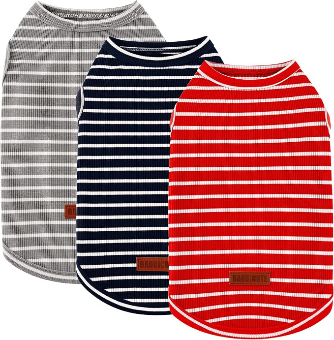 3Pack Dog Shirt Cotton Striped T-Shirts Stretchy Comfortable Pet Vest for Puppy and Cat Super Soft Dog Shirts Vest Sleeveless Breathable Basic Clothes for Small Medium Large Boy Girl Dogs