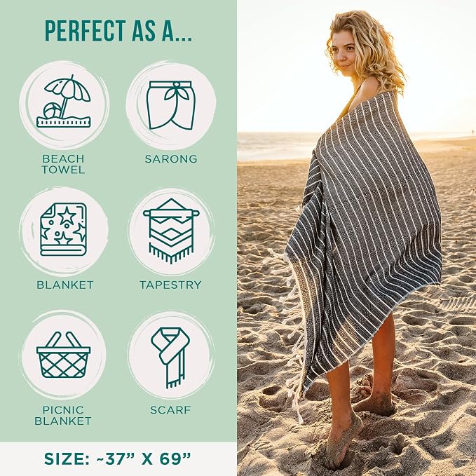 Sand Cloud Turkish Beach Towel - Sand Resistant - 100% Certified Organic Turkish Towel - Quick Dry Towel for Beach, Picnic, Blanket or Bath Towel - As Seen on Shark Tank - Gocek (Black)