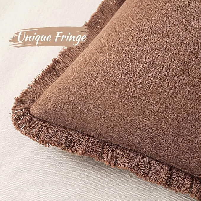MIULEE Boho Linen Fringe Decorative Fall Throw Pillow Covers Brick 20x20 | Set of 2, Cottagecore Decor, Boho Farmhouse Neutral Pillow Covers, Rustic Fall Couch Cushion Cases for Sofa Bed Living Room
