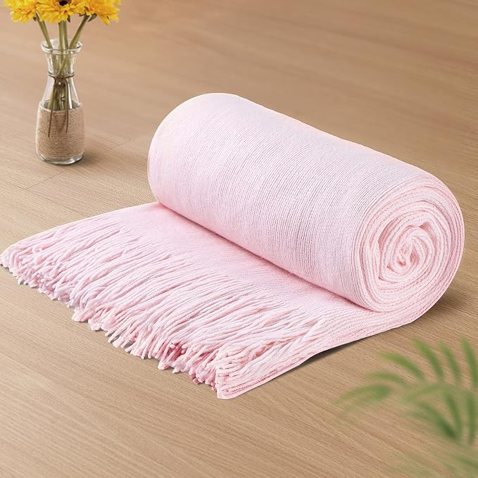 Vonty Pink Knitted Throw Blanket with Tassels Fringe, 50x60 Acrylic | Super Soft And Lightweight, Year-Round Cozy Warmth, Farmhouse Decorative Style, Machine Washable, for Couch, Sofa or Bed