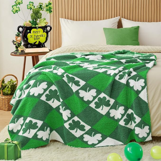 St. Patrick's Day Knit Throw Blanket - Super Soft Lightweight Plush Shamrock Clover Blanket for Couch, Bed, Sofa, 50 x 60 Inches, Irish Green