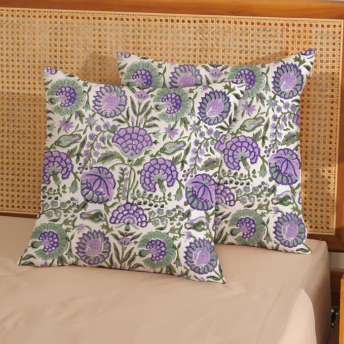 Block Print Pillow Covers 18x18 Inch Pack Of 2 Boho Purple Green Floral Decor Throw Pillow Covers Spring Summer Flower Pillowcase Outdoor Farmhouse Decorative Cushion Cover for Home Couch Sofa