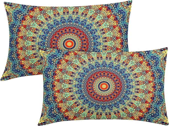 Boho Mandala Floral Lumbar Pillow Covers 12X20 Inch Set of 2 Navy Blue Orange Abstract Flower Decorative Pillow Cases Colorful Retro Ethnic Cushion Case Home Decor for Sofa Couch Porch Outdoor
