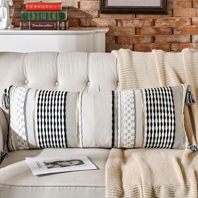 Chenille Striped Textured Boho Throw Pillow Covers Aesthetic with Tassels Woven Decorative Pillow Case for Couch Bed Sofa Bedroom Modern Funky 14 x 36-Inch Black