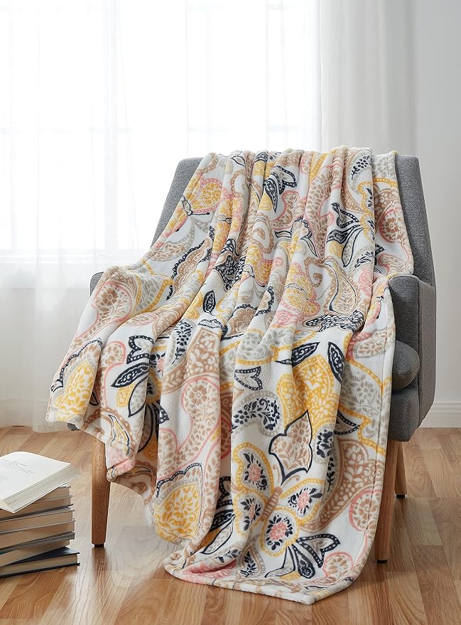Bohemian Floral Fleece Throw Blanket: Velvety Soft, Durable Paisley Boho Accent for Bed or Couch (Yellow Paisley, 50 x 70 inches)