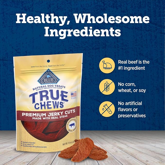 Blue Buffalo True Chews Premium Jerky Cuts Dog Treats, Made in the USA with Natural Ingredients, Beef, 10-oz Bag (Pack of 6)