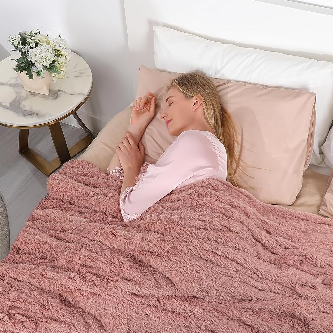 Decorative Extra Soft Faux Fur Blanket Twin Size 70" x 78",Solid Reversible Fuzzy Long Hair,Fluffy Cozy Plush Fleece Comfy Microfiber Blanket for Couch Sofa Bed,Peach Whip