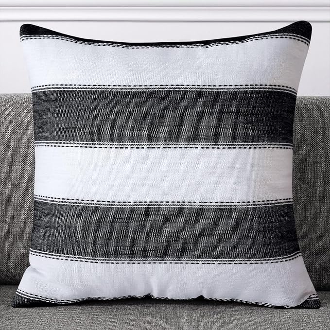 Pack of 2 Farmhouse Stripe Check Throw Pillow Covers Set Case Cotton Linen Decorative Pillowcases Cushion Cover for Couch Bench Sofa 16x16Inch Black