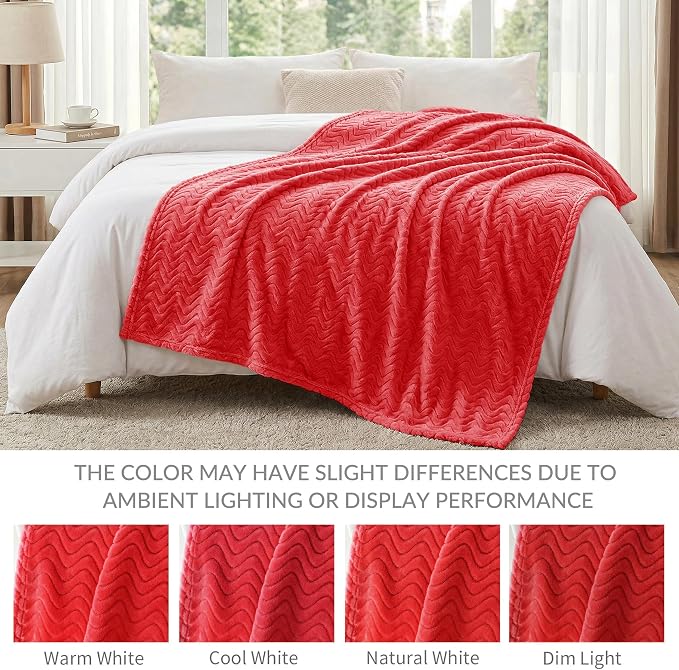 Exclusivo Mezcla Soft Fleece Throw Blanket for Couch, Cozy Lightweight Blankets with Decorative Wave Textured Suitable for All Season Use, Red, 50x70 Inches | 50"x70" Soft Breathable Lightweight Flannel Throws for Summer, Plush Cozy Jacquard Wave Blank...