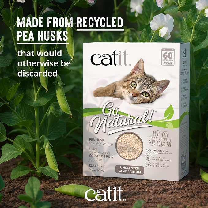 Catit Go Natural Pea Husk Clumping Cat Litter, Unscented, 12.3 lbs | Plant-Based, Eco-Friendly, Dust-Free & Flushable Cat Litter, Natural Clumping Formula, Low Tracking