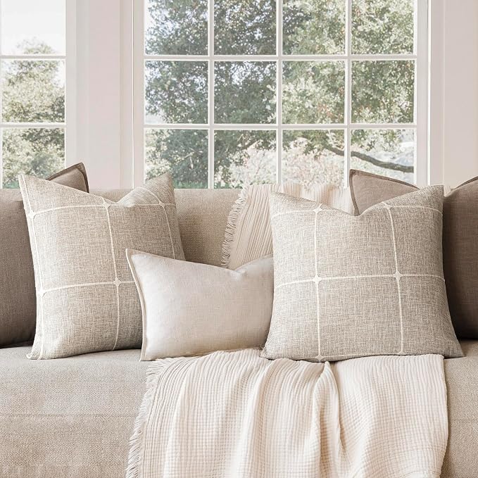 Foindtower Pack of 2 Decorative Faux Linen Jacquard Check Throw Pillow Covers Farmhouse Cushion Cover with Grid Textured Accent Pillowcase for Couch Sofa Living Room Home Decor,20×20 Inch,Beige