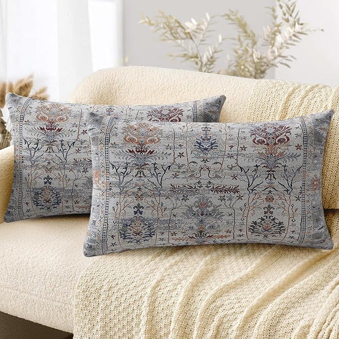 Boho Throw Pillow Covers 12x20 inch Set of 2,Soft Pillowcases Bohemia Carpet Printing Pattern Decorative Sofa Living Room Bed Rectangle Pillow Case Cushion Cover-Gray Flower