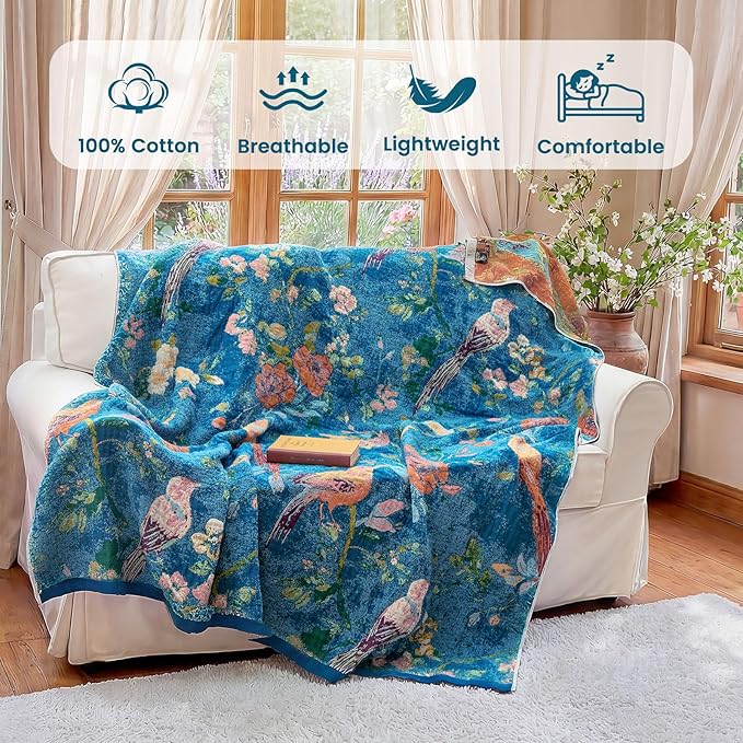 MSGKV Boho Throw Blanket 60"x80" 100% Cotton Bird Throw for Bed Couch | 100% Cotton Throw, Bird Pattern, Reversible Woven, Lightweight Comfort, Farmhouse Decor, All Seasons, Machine Washable