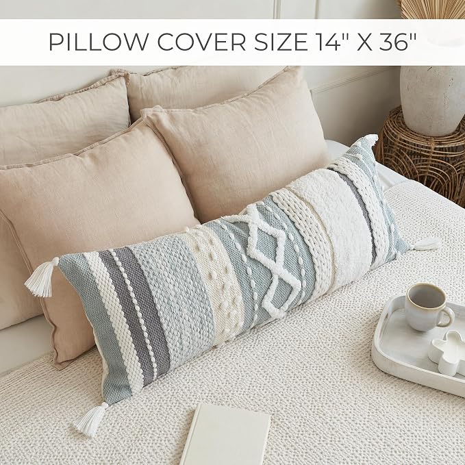 Decorative Boho Lumbar Pillow Cover 14x36 - Soft Textured Throw Pillow | Beautiful Accent Piece for Bed, Couch Decor or as Body Cushion - A Stylish Addition to Your Bedroom