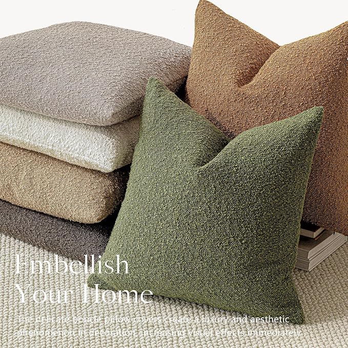 Foindtower Set of 2, Decorative Textured Boucle Throw Pillow Covers Accent Solid Pillow Cases Neutral Soft Cozy Couch Cushion Case for Chair Sofa Bedroom Living Room Home Decor 26 x 26 Inch Green