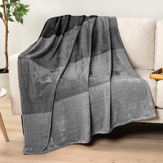 PAVILIA Black Ombre Fleece Throw Blanket for Couch Sofa Bed, 60x80 Twin | Gradient, Soft Plush Flannel Fleece, Lightweight Accent Blanket, Warm All Season, Machine Washable, Cozy Decor Gift