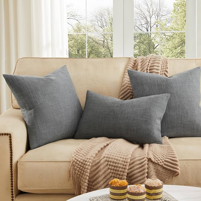 Rustic Linen Lumbar Pillow Covers Set of 2, Dark Grey 12x20in | Textured Pillow Case, Rustic Cotton Linen Fabric, Modern Farmhouse Cushion Covers for Sofa Bed Living Room Home Decor