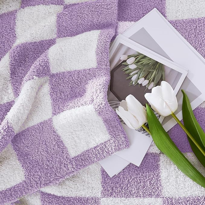 Soft Checkered Throw Blanket for Couch-Cozy Warm Knitted Blankets | Lightweight Warm Fluffy Decor for Women, Mom, Her & Girls, Sofa, Chair, Bed, 50x70in, Purple
