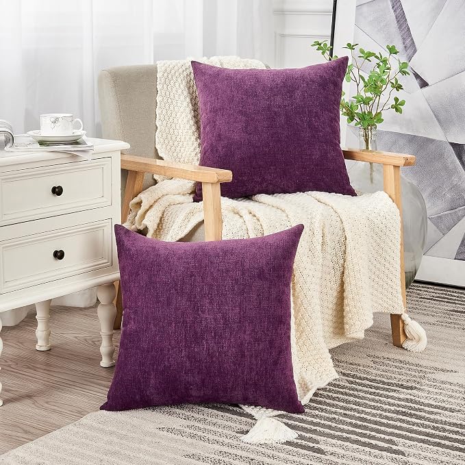 GAWAMAY Decorative Chenille Throw Pillow Covers 24x24 Inch Pack of 2, Soft Square Couch Pillow Cover for Sofa Cushion Living Room Bedroom Solid Dyed Pillowcases Purple 60x60cm (ONLY Covers)