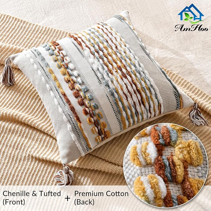Chenille Striped Textured Boho Throw Pillow Covers Aesthetic with Tassels Woven Decorative Pillow Case for Couch Bed Sofa Bedroom Modern Funky 18 x 18-Inch Brown
