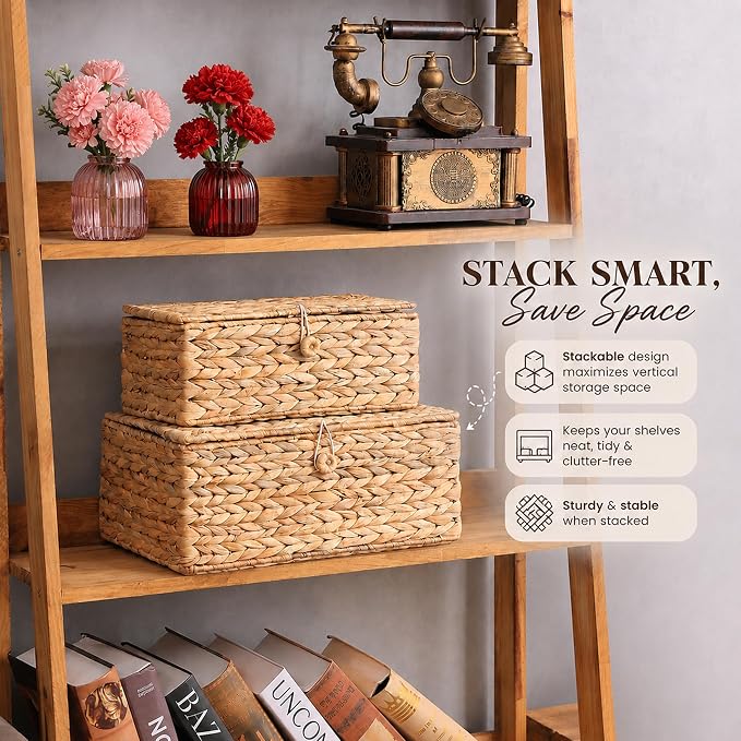 LUSYDECO Set of 2 Rectangular Wicker Storage Bins with Lid, Rattan Basket Decorative Boxes, Multipurpose Organizer Display Boxes for Shelf Organizer, Boho Rattan Box for Home Decoration