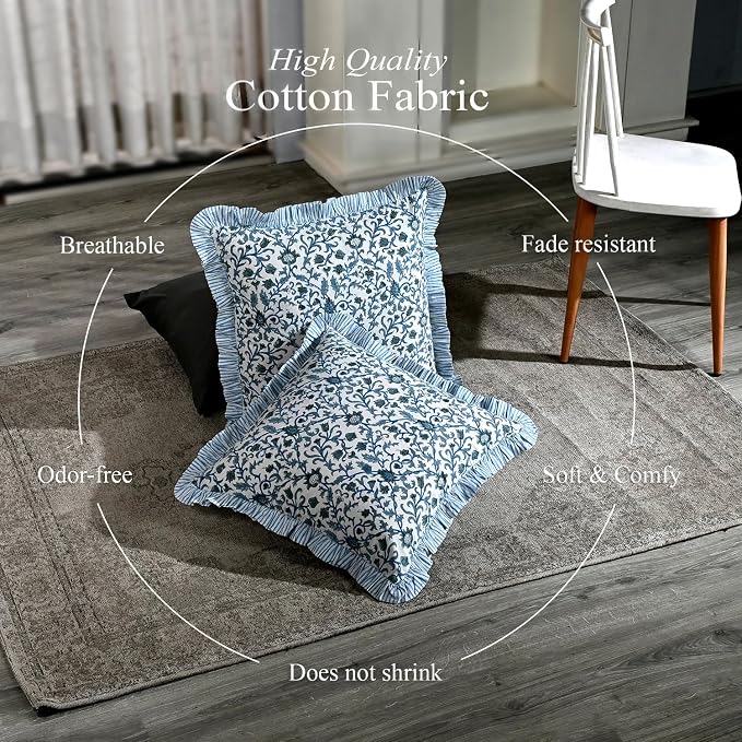 CPC Ocean Vine Hand Block Print 100% Cotton Ruffle Throw Pillow Cover 20x20 inch with Hidden Zipper Decorative for Couch, Bed, Sofa, Farmhouse, Cottagecore Decor Gift Christmas Fall Thanksgiving