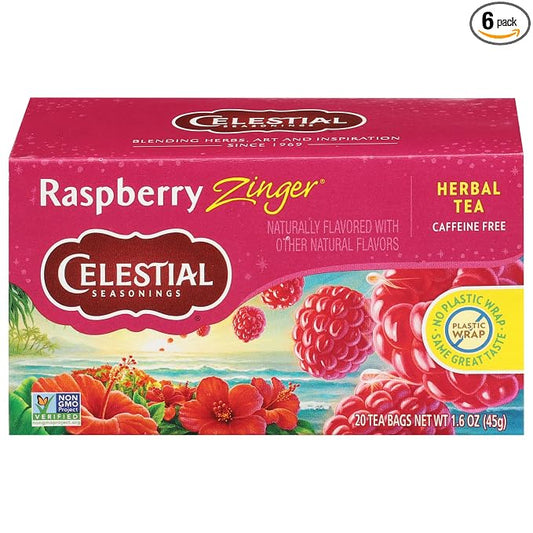 Celestial Seasonings Raspberry Zinger Herbal Tea, Caffeine Free, 20 Tea Bags Box (Pack of 6)