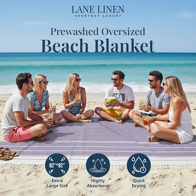 LANE LINEN Outdoor Blanket for Beach Necessities - Large Outdoor Blanket with Soft Pre-Washed, Diamond Weave Design (82"x82"), Beach Supplies for Summer Vacation, or Road Trips – Day Break