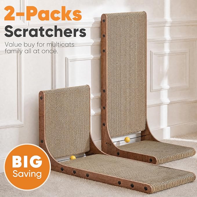 FUKUMARU Cat Scratcher 2 Packs, 25 Inch Cat Scratching Boards, L Shaped Pad | Cardboard Cat Scratcher for Indoor Cats, Vertical Scartch Pads with Ball Toy, Kitten Scratching Post Wall, Walnut Color