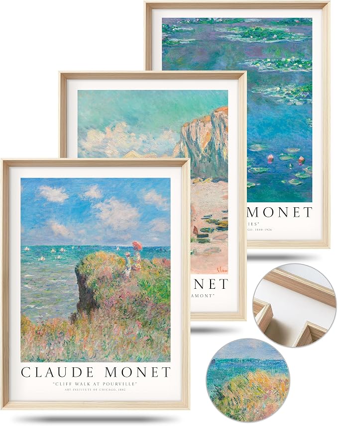 HesenDot Framed Wall Art, Claude Monet Impressionism Canvas Prints Set | 12x16IN Set of 3,High Framed Canvas Prints,Vintage Landscape Painting,Wall Decor for Living Room Bedroom Gallery Office