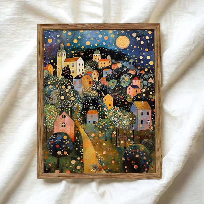 Abstract Moon Stars Tree Framed Canvas Wall Art – Vintage Gustav Klimt Style Oil Painting Print, Village Night Landscape Decor for Living Room Bedroom Nursery Office 8x10 inch