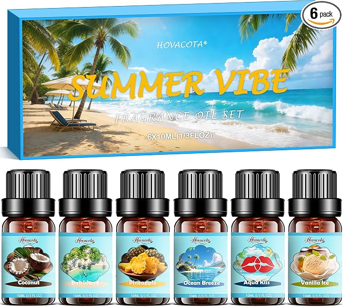 Summer Fragrance Oils Set, Premium Essential Oils for Diffuser, Natural Aromatherapy Oils for Soap Candle Making - Ocean Breeze, Coconut, Pineapple, Bali Island, Vanilla Ice Cream, Aqua Kiss