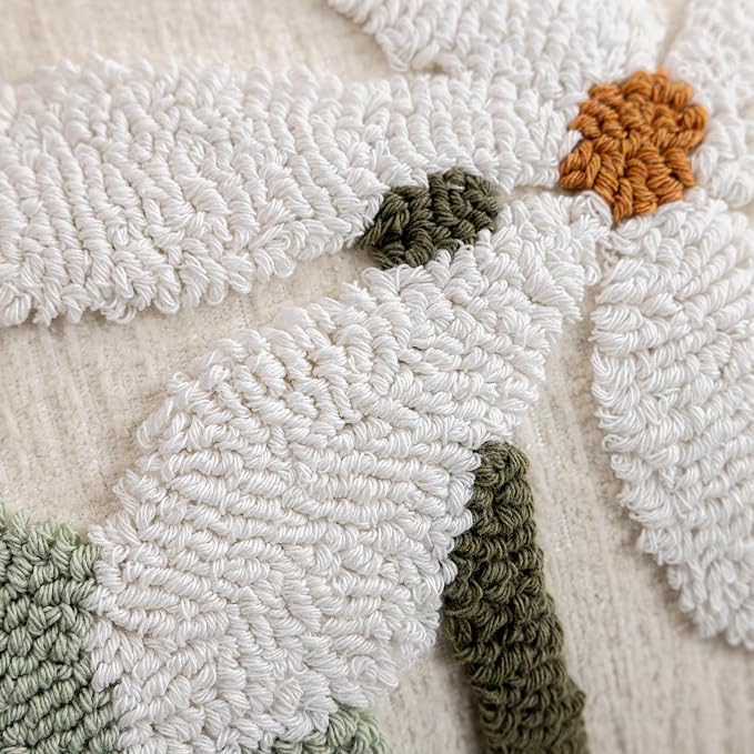 Summer Daisy Throw Pillow Covers 20x20 Inch Set of 2, Chenille Embroidered Pillowcase with 3D Tufted White Flowers Sage Green Leaves, Boho Decorative Cushion Covers for Couch Sofa Bed