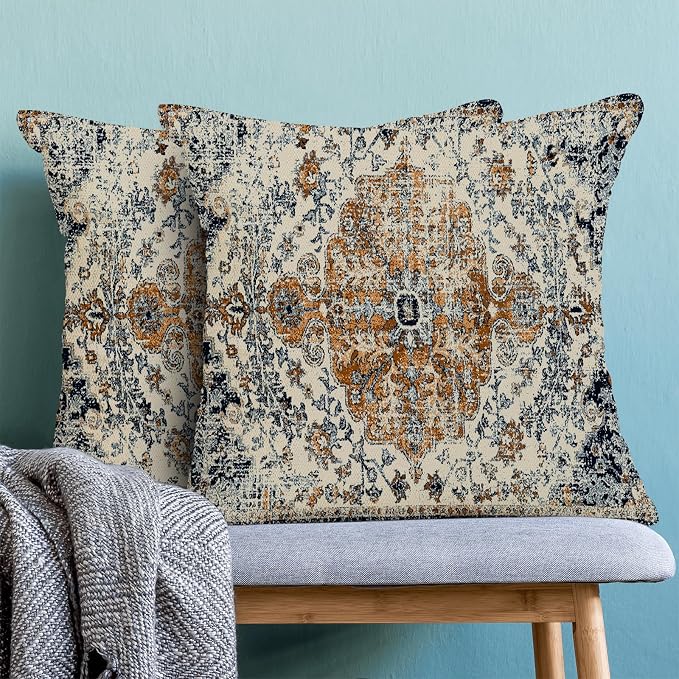 AEIOAE Boho Pillow Covers 24x24 Inch Set of 2,Carpet Pattern Throw Pillows Case,Rust Blue Ethnic Design Outdoor Decorative Square Linen Farmhouse Decor Cushion Covers for Home Sofa Bed Couch