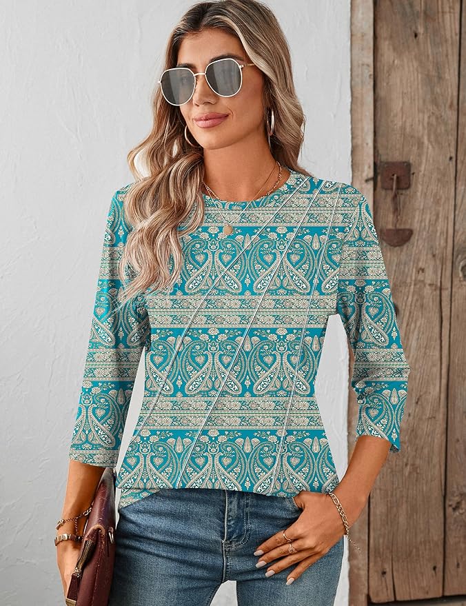 LOMON 3/4 Length Sleeve Womens Tops Spring Summer Fashion 2026 Tops Crew Neck Pleated Shirts Tunic Top Loose Fit