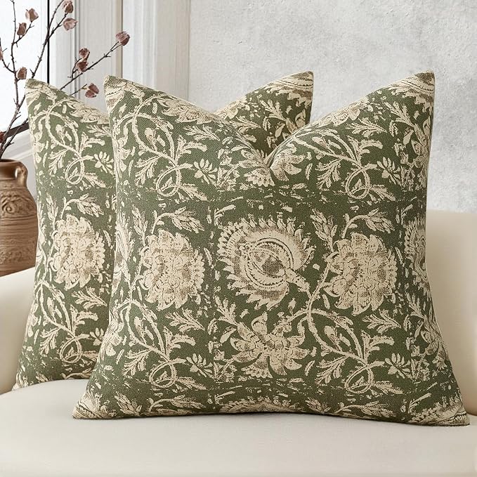 Vintage Floral Print Throw Pillow Covers 26x26 Set of 2 Neutral Modern Farmhouse Accent Decorative Cushion Covers Boho Home Decor for Couch Sofa Chair Bed Living Room, Olive Green