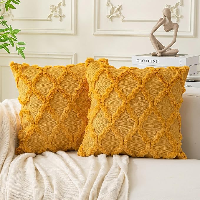 Set of 2 Soft Moroccan Throw Pillow Covers 24x24 Inch Plush Boho Decorative Pillow Cover Accent Cushion Case for Couch Sofa Bed, Mustard Yellow