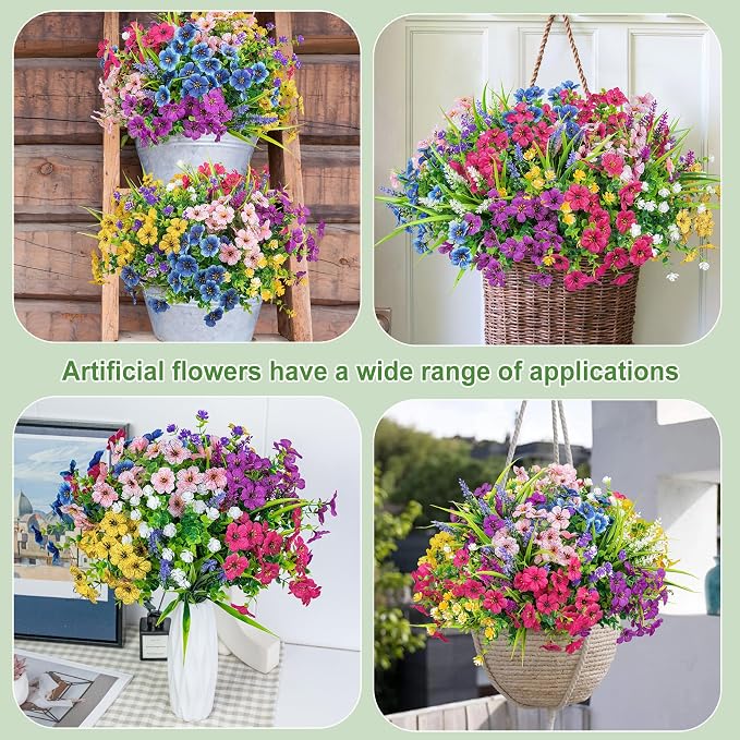 24 Pcs Mixed Artificial Flowers for Outdoors Home Decorations | Fake silk flowers, plastic plants, faux lavender, UV resistant for garden patio window box office table kitchen home decor