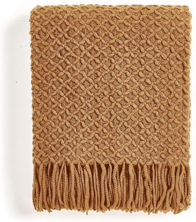 CREVENT Farmhouse Boho Knitted Throw Blanket for Couch Sofa Chair Bed Home Decoration, Soft Warm Cozy Light Weight for Spring Summer Fall (50''X60'' Light Brown)